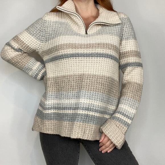 Vintage Y2K Eddie Bauer Neutral Tan Gray Stripped Half ZIP Wool Blend Sweater - Picture 2 of 11